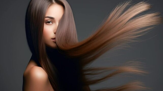 Fashionable brunette woman with flowing straight long shiny hair on a dark background. Beauty, health and hair care. Hair product advertising concept.