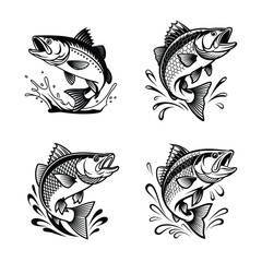 Fototapeta premium Jumping Bass Fish Black and White Vector Illustration