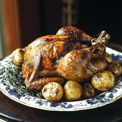 Roasted chicken with potatoes on a white and blue plate