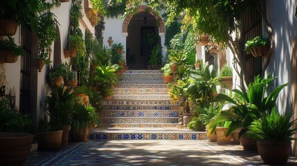 Fototapeta premium Sun-drenched Spanish courtyard with ornate tiled stairs. Lush greenery and potted plants