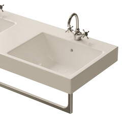 A white sink with a silver handle and a silver faucet