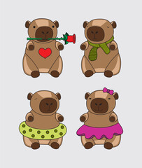 Funny cartoon capybaras set or collection. Capybara with rose, scarf, swimming ring and skirt. Adorable nice animal. Hand drawn style. Vector drawing. Collection of design elements.