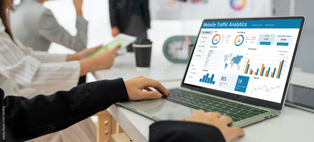 Poster computer software for website traffic analytics data on computer screen. concept of seo search engin