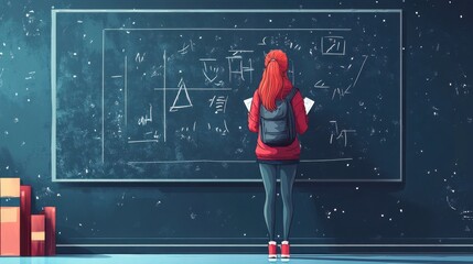 Clever young woman solving a mathematical problem standing with her back to the camera writing on a college blackboard illustration , no logos, no brands