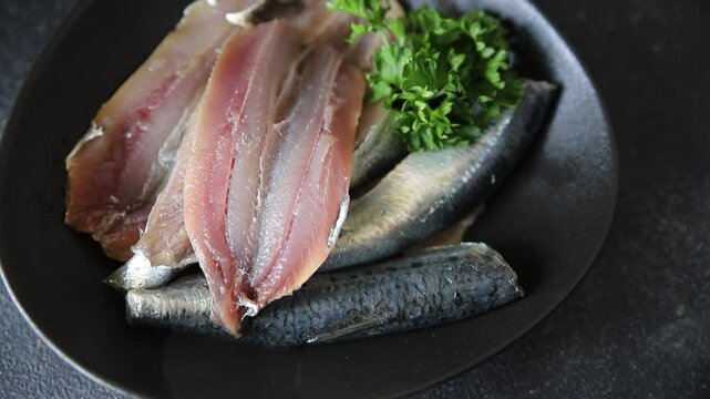 Sardine raw fish fillet seafood anchovy filet fresh delicious gourmet food background on the table rustic food top view copy space pescetarian diet