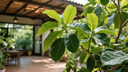 The green leaves of the Ficus lilikoides catch the eye in the open-air room.