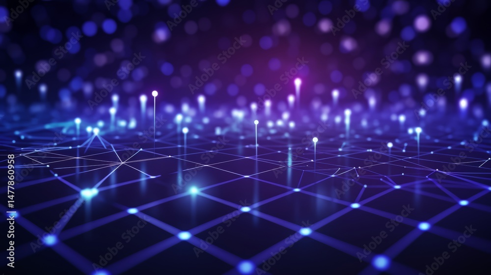Poster Blue and purple background with many small dots. The dots are connected to each other in a grid pattern
