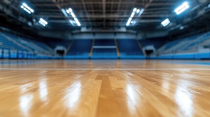 Indoor arena hardwood floor and blue seating