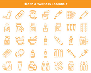 Medical Treatment and Wellness Supplies Icons Collection, Pharmaceuticals and Healthcare Elements