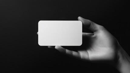 A modern business card design, featuring a plain white card with rounded corners held by a smooth, outstretched hand.