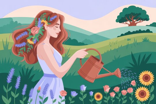 a woman with long hair and flowers in her hair holding up a watering can 2d digital art mental health awareness month - Powered by Adobe