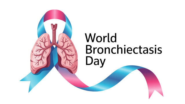 World bronchiectasis day lung illustration with blue and pink ribbon on a black background