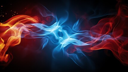 Obraz premium Fiery blue and red flame is displayed on a black background. The blue flame is on the left side of the image, while the red flame is on the right side. The flames appear to be dancing