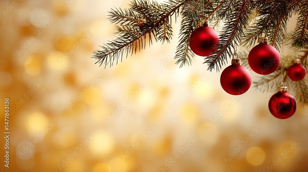 Poster christmas tree branches filled with shiny red baubles and glimmering golden lights create a cozy atm