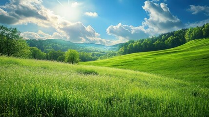 Obraz premium Lush green fields and rolling hills under a vibrant sky.