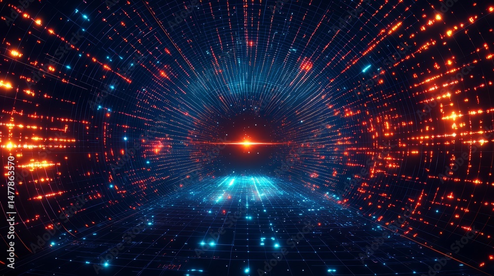Aufkleber Blue and red tunnel with a bright light shining through it. The tunnel is filled with glowing lights and the light is shining through the tunnel