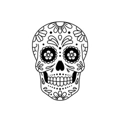 Decorative sugar skull with floral patterns. Minimalistic linear black and white icon, part of the "Little-known holidays and cultural traditions" series. Editable SVG. 