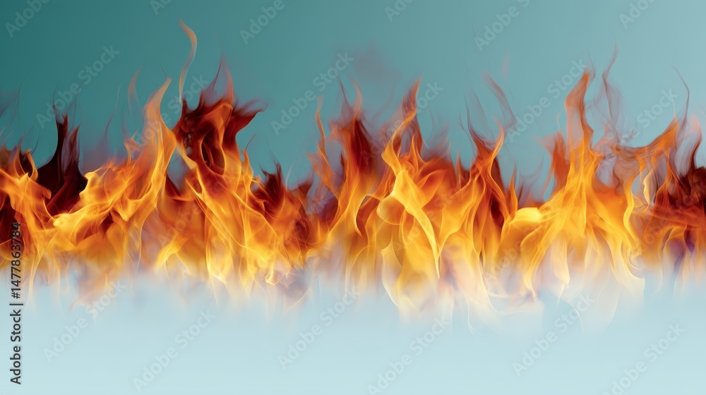 Poster bright orange flames flicker and dance energetically against a soft pastel backdrop, creating a stri