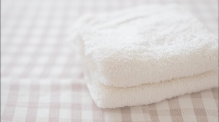 Fresh and Soft White Towels Folded Neatly on a Light Checkered Tablecloth for a Cozy Bathroom or Spa Setting