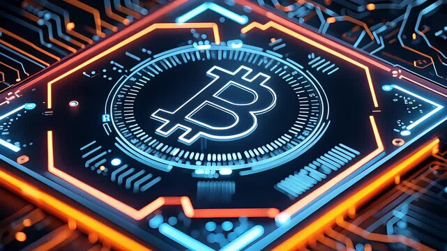 Futuristic glowing Bitcoin logo embedded in high-tech circuit board with neon lights and digital lines showcasing cryptocurrency technology

