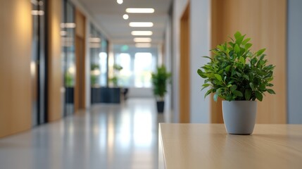 Obraz premium Indoor plant on surface with blurred background corridor modern interior decor