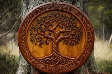 Carved Wooden Tree of Life Artwork Displayed Outdoors in Natural Setting Close Up