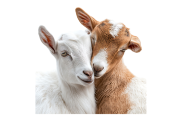 Goats cuddling with their heads touching isolated on transparent background
