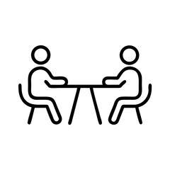 Two people sitting at a table discussing ideas in simple line art  icon