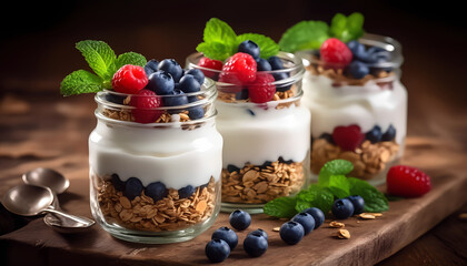 small jars of yogurt with blueberries and raspberries on top.
