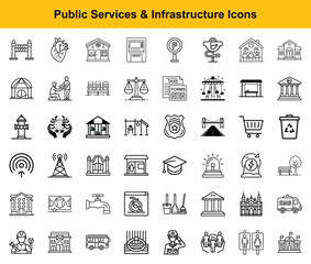 Public Services and Infrastructure Outline Icons City Elements, Landmarks, and Utilities Set