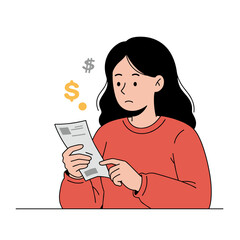 Pensive woman holding a bill with a concerned expression in a simple setting