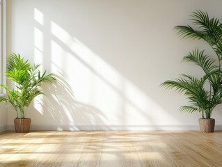 Indoor plants with sunlight on wooden floor and white wall background