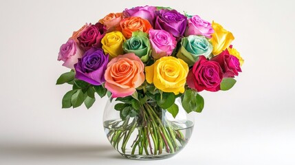 Fototapeta premium Vibrant bouquet of colorful roses in a clear vase