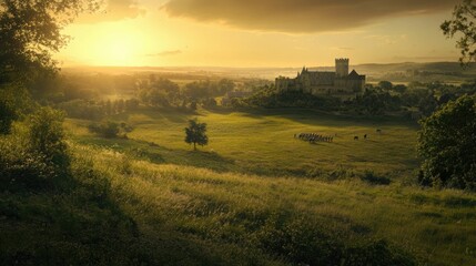 Fototapeta premium Sunset illuminates castle, field, and figures.