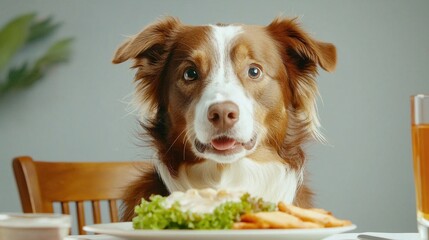 Dog with Curious Expression Sitting at Table with Food Dish