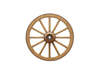 Vintage wooden wagon wheel isolated on white background.