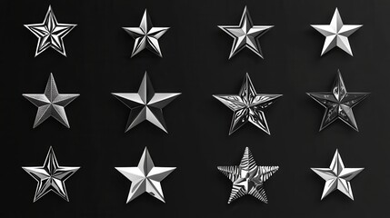 Obraz premium An extensive collection of black and white star icons designed with diverse patterns and styles, suitable for a wide range of creative projects including graphic design and branding.