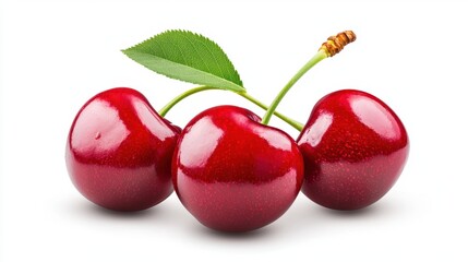 Obraz premium Fresh Red Cherries with Leaf Isolated on White Background