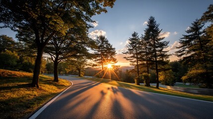 Fototapeta premium Forest road bathed in golden sunlight