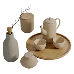 A white tea set with a white vase and two white cups