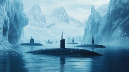 Submarines surface near icy, mountainous terrain.