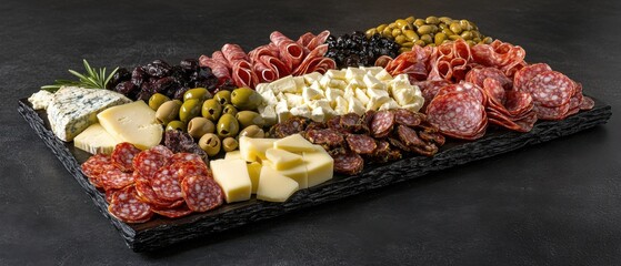 Fototapeta premium Delicious charcuterie board with cheese olives salami and rosemary served on slate from above studio shot