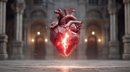 Fractured ruby heart glowing within ancient hall