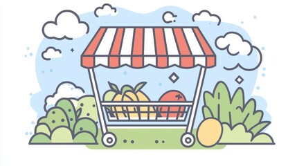 Naklejka premium A cheerful illustration depicts a small outdoor fruit stand with a red and white striped awning displaying a variety of fresh produce items.
