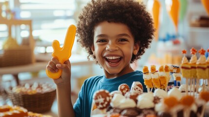 Joyful child, holding toy gun, amidst party treats