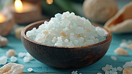 Therapeutic spa salt in wooden bowl