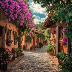 Fototapeta premium Charming cobblestone street lined with colorful bougainvillea and terracotta buildings in a quaint Mexican village