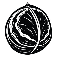 Stylized Black and White Cabbage Head Depiction with Textured Leaves and Striking Shadows