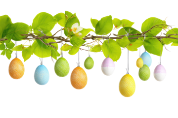 Easter Eggs Hanging From Branch With Green  isolated on a transparent background