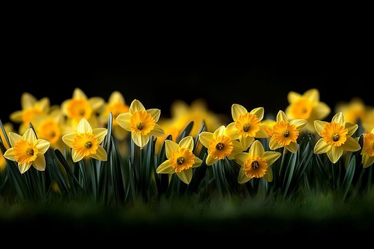 Bright yellow daffodils with green leaves bloom in the foreground, beautifully illuminated against a stark black background.